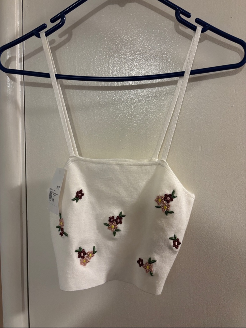 Forever 21 White Ribbed Cami Top with Pink Floral Embroidery
